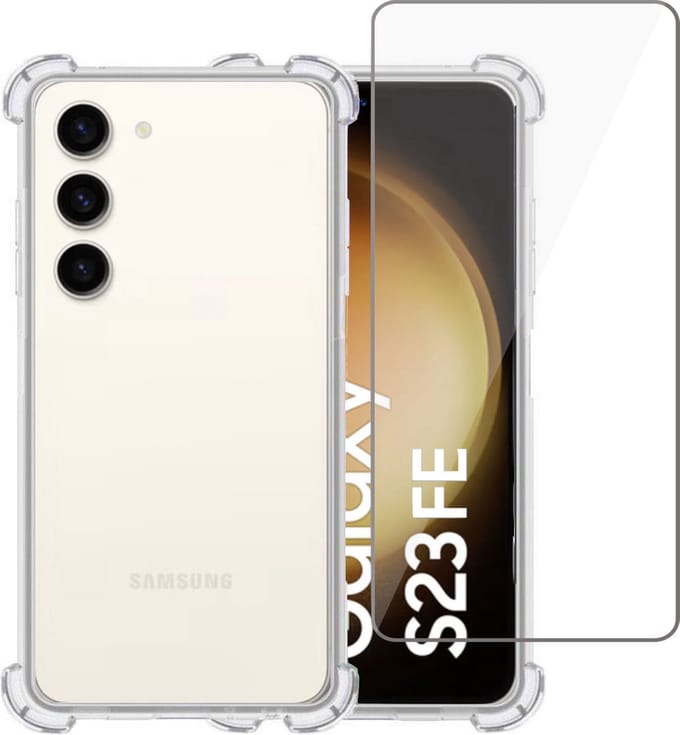 Hoesje + Screenprotector geschikt voor Samsung Galaxy S23 FE – Tempered Glass - Extreme Shock Case Transparant