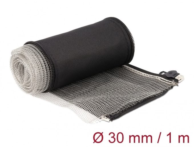 Delock EMI Shielding braided sleeve with zip heat resistant 1 m x 30 mm black