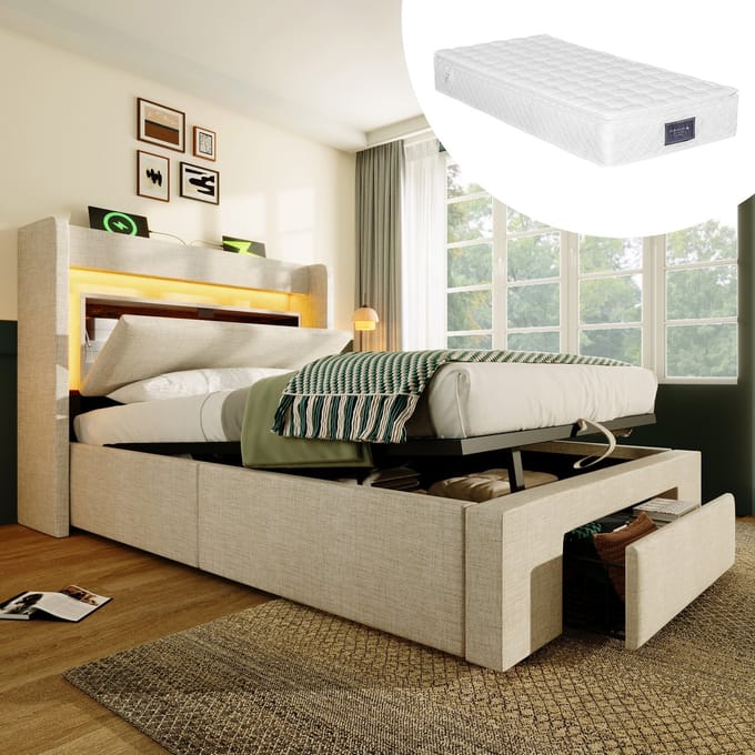MODFU - Bedframe 90x200 cm – Linnen met LED, hydraulisch & USB – Incl. matras – Beige