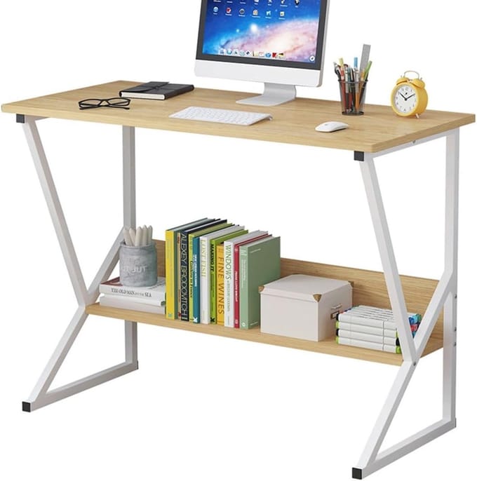 Houten Computerbureau - Schrijfblad Bureau - Thuiswerken Organiseren - Stevig Metalen Frame - 100x40x72cm - Houtkleur