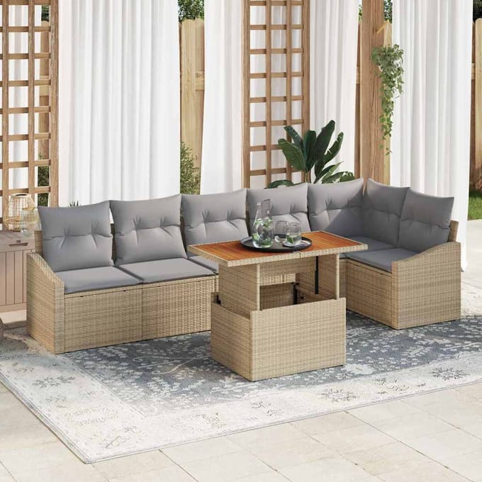 vidaXL Tuin Eettafel Set met kussen 7 pcs Beige en Grijs