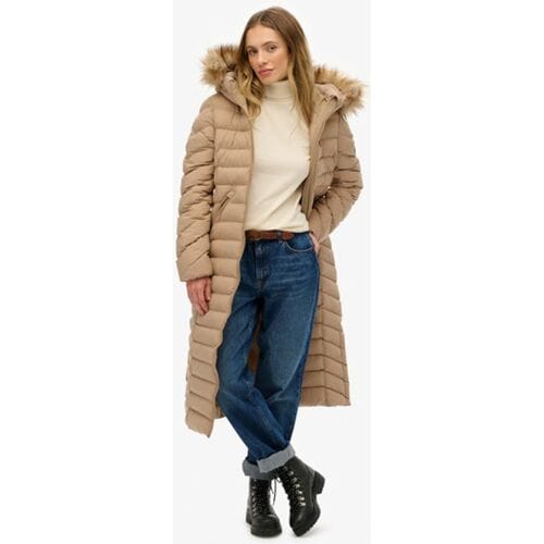 Superdry Fuji Lange Jas Met Bontkap Beige Grootte: 34