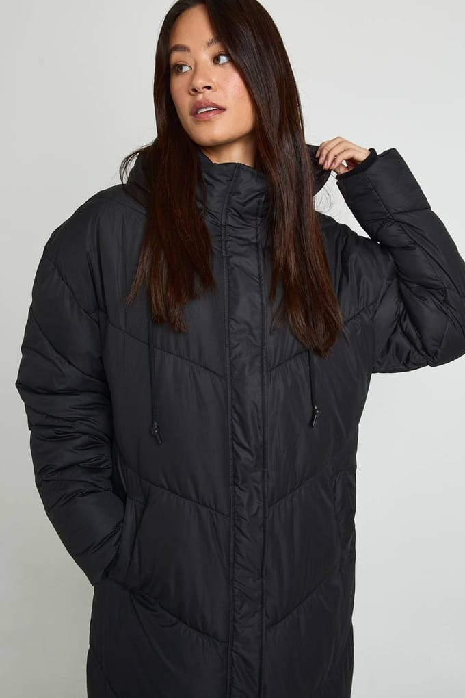 boohoo Dames Lange capuchon met quilt-detail maxi donsjas | Black | Maat: 6