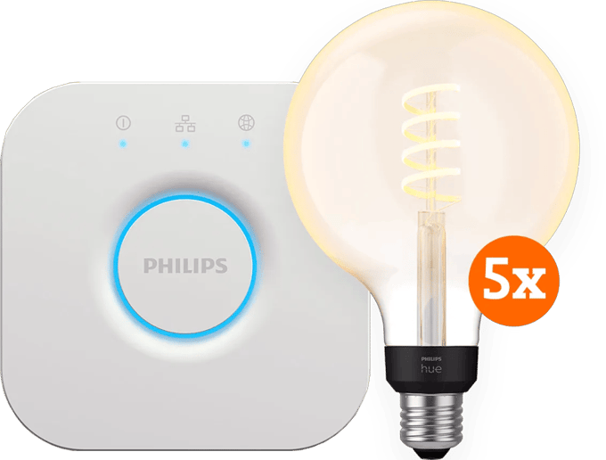Philips Hue Filament White Ambiance Globe XL 5-Pack + Bridge