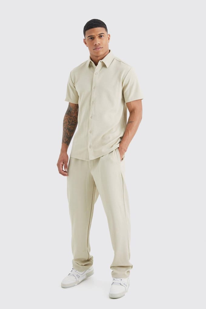 Short Sleeve Jersey Herringbone Shirt & Trouser Set | Stone | Size Medium