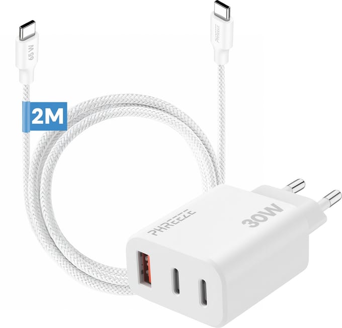 Usb lader met 3 poorten 2x usb A 1x usb C - Incl. usb C oplaadkabel 2m - Snellader voor telefoon tablet