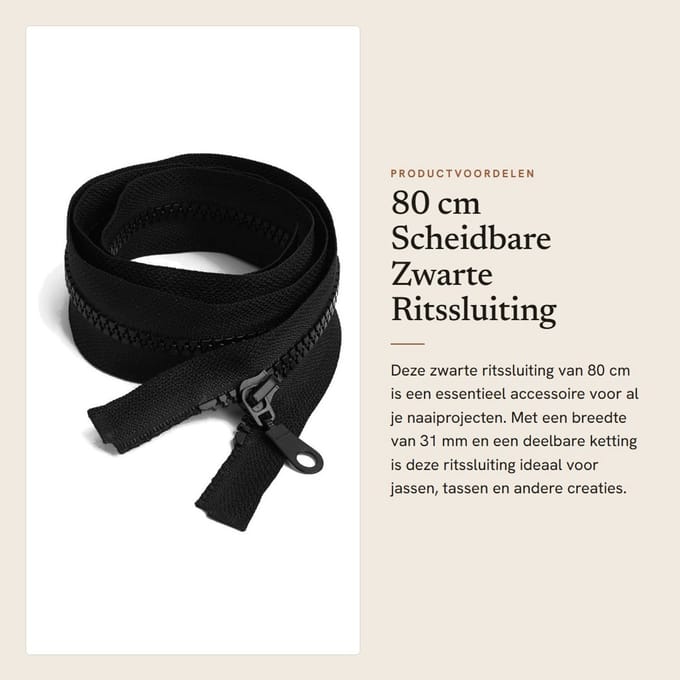 Dailygoods- Ritssluiting 80 cm - Scheidbaar - Maat 5 - Breedte 31 mm - Machinewasbaar - Hoogwaardig Hars - Rits