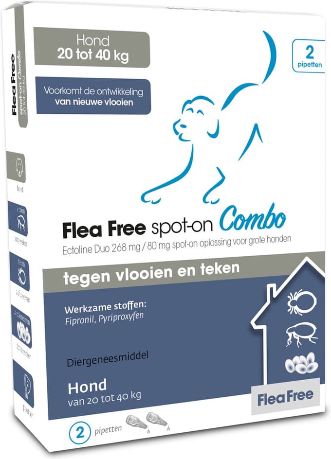 Flea Free Ectoline Duo Hond - 20 tot 40 kg - Tegen Vlooien en Teken - 2 Pipetten