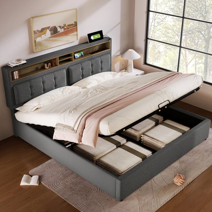 MODFU Bedframe 140x200 cm – Grijs linnen met verstelbaar hoofdbord & 4 vakken – Hydraulisch