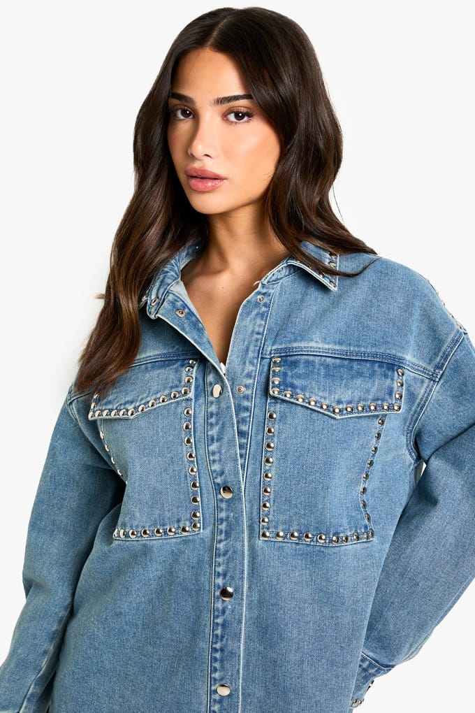 boohoo Dames Petite Stud Detail Denim Oversized Shirtjurk | Blue | Maat: 14
