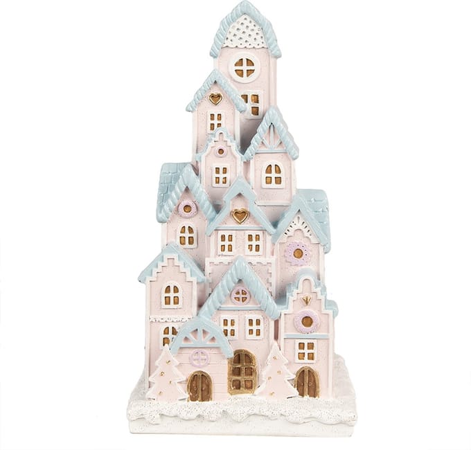 Clayre & Eef Gingerbread house met LED 13x13x26 cm Roze Polyresin