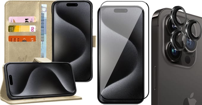 Hoesje geschikt voor iPhone 15 Pro - Screenprotector FullGuard & Camera Lens Screen Protector Zwart - Book Case Kunstleer Pasjeshouder Goud