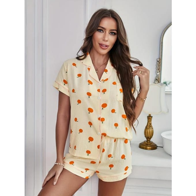 Oranje Print Getextureerde Pyjama Set Leuke Korte Mouw Knopen Revers Top & Elastische Shorts Dames Nachtkleding L black