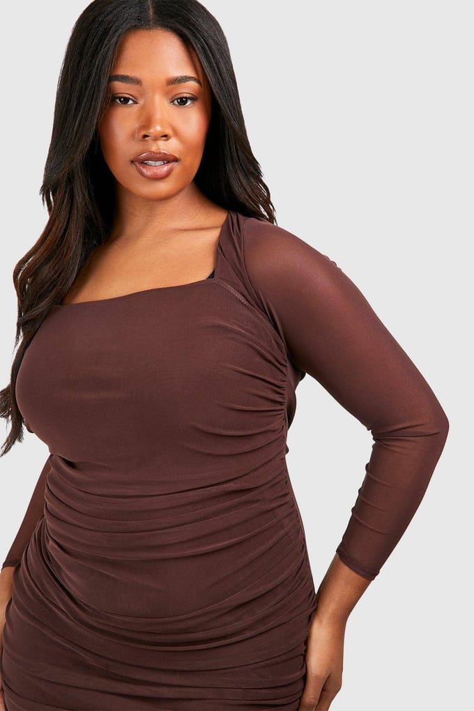 boohoo Dames Plus Mesh Bodycon Jurk | Chocolate | Maat: 28