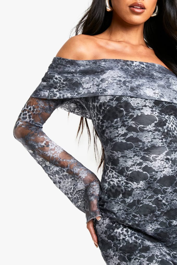 boohoo Dames Mixed Animal Kanten Bardot Mini Jurk | Ice Grey | Maat: 14