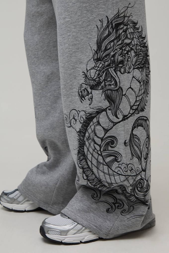 Extreme Wijde Pijpen Joggingbroek Met Drakenprint | Grey Marl | Size Medium
