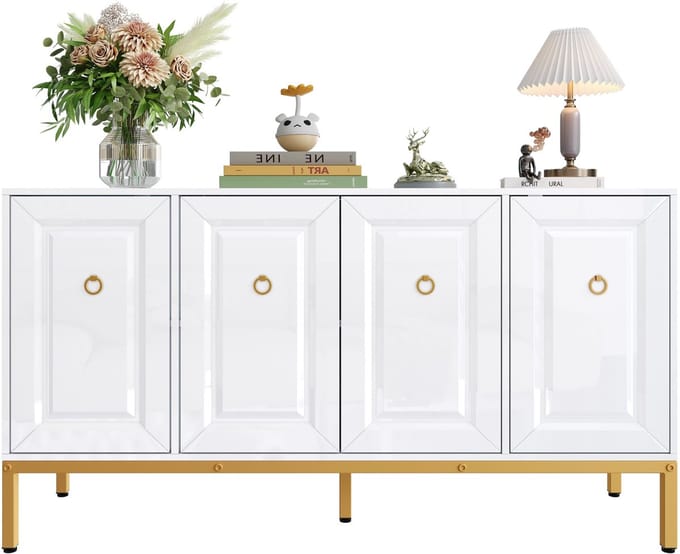 Sideboard - Hoogglans - Gouden Handgrepen en Poten - Met Planken - 140 x 80 x 40 cm - Wit