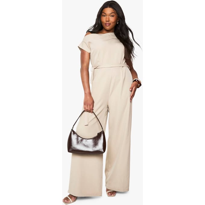 boohoo Dames Plus Asymmetrische Jumpsuit met Ceintuur | Stone | Maat: 28