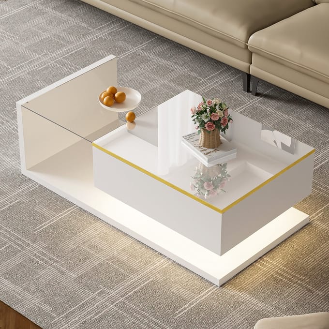 Salontafel - 100 cm - Glasplaat en LED Effect - Hoogglans Modern Design - Glas en MDF - Wit