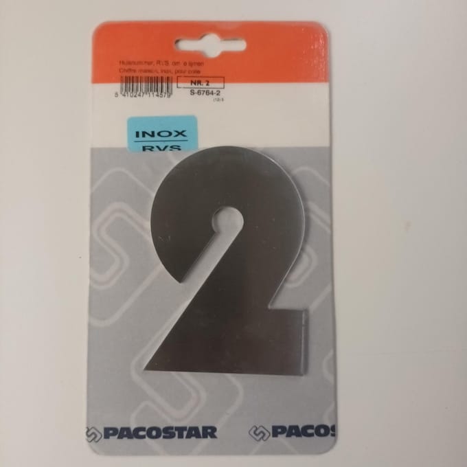 Huisnummer "2" Pacostar Inox RVS Lijm 103mm