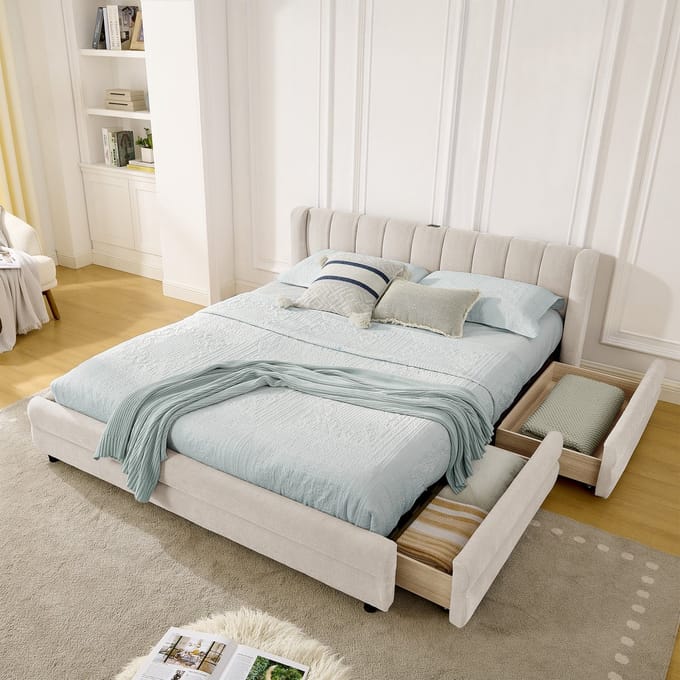 MODFU - Bedframe 140x200 cm – Chenille stof met 4 lades & USB/Type-C – Beige