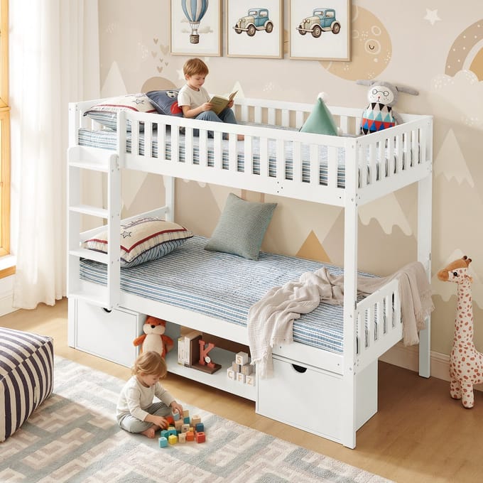 PHOEBE CAT Stapelbed - 90 × 200 cm - Kan worden gescheiden in twee bedden - Oopbergruimte - Wit