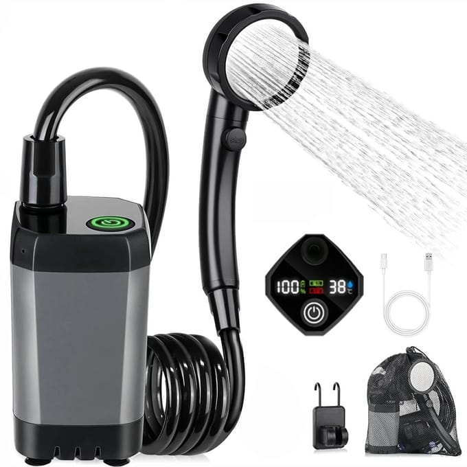 Innovastore Campingdouche - Buitendouche - Douche - Kampeerdouche - Douchekop - LED display - 120 minuten douchen - Zwart