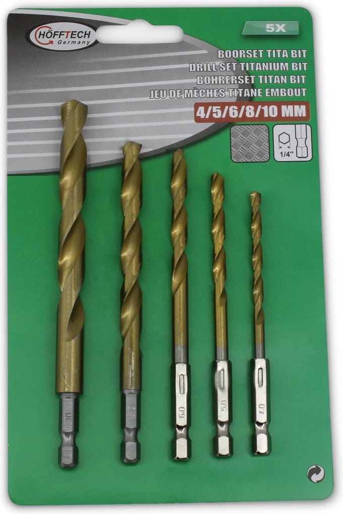 Hofftech Boorset met titanium coating - 5 maten - 4-10 mm - HEX bitaansluiting