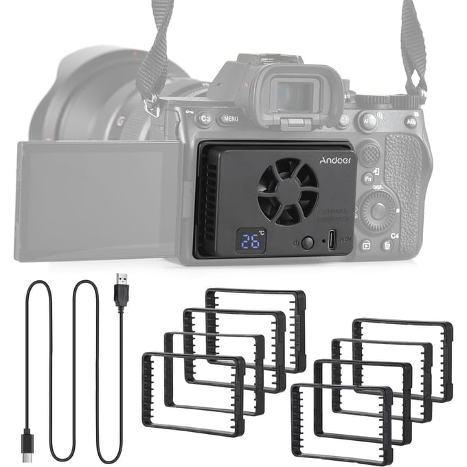Andoer FS-06 Camera Koelventilator Extern Koelsysteem met OLED-display 8 stuks Montageadapter zwart