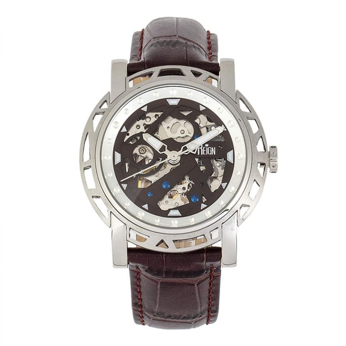Reign Stavros automatisch skelet horloge met leren band