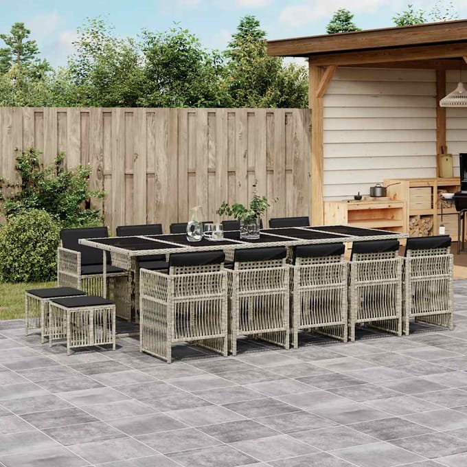 vidaXL - 15-delige - Tuinset - met - kussens - poly - rattan - lichtgrijs