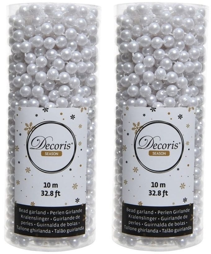 Decoris Kralenslinger - 6x - wit - 10 meter - kunststof - glans - kerstslinger - kerstboom versiering