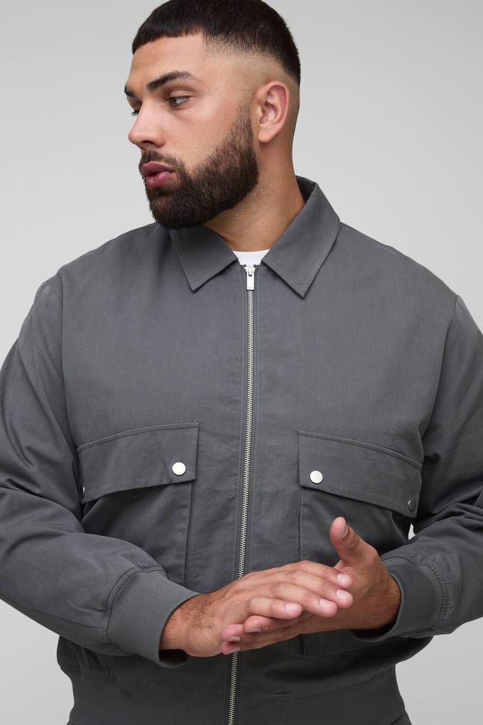 Plus Technical Utility Cargo Pocket Harrington Jacket | Grey | Size 2XL