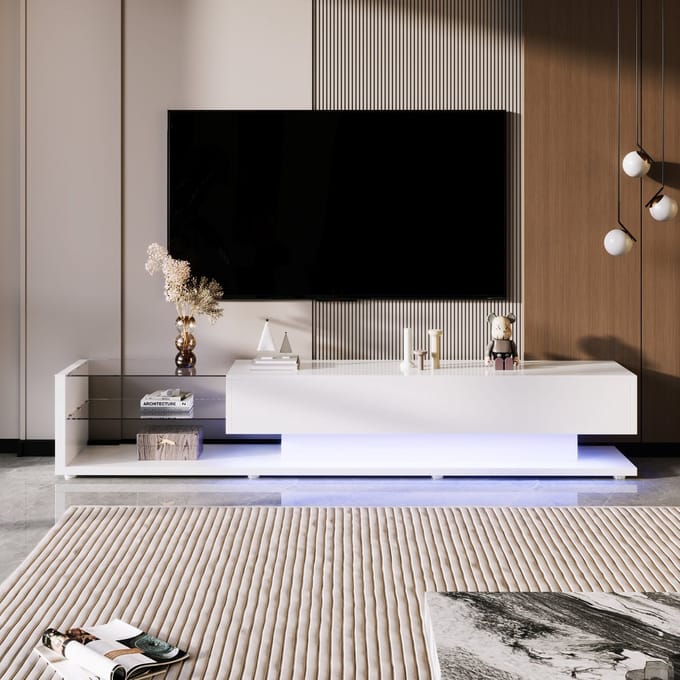 Gutent TV-meubel, Hoogglans, Glazen wand, Variabele LED-verlichting, Wit
