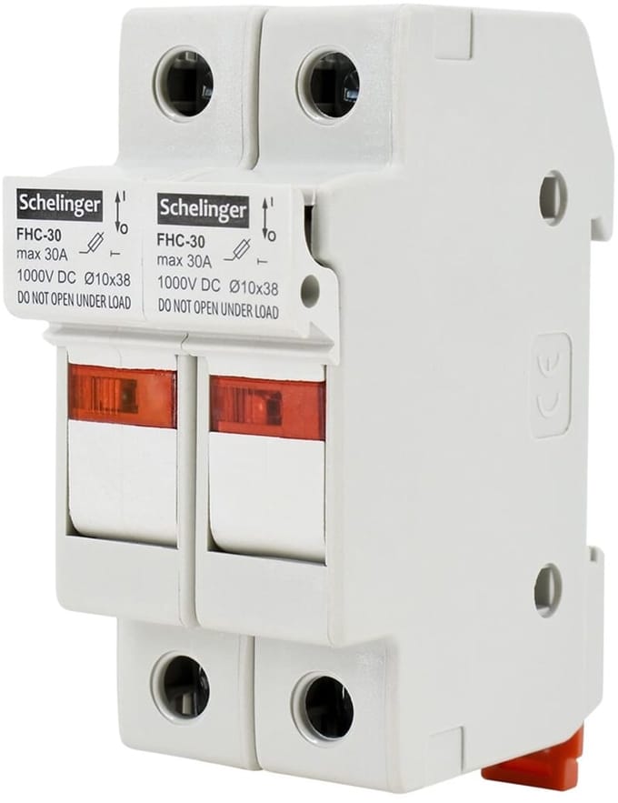 Schelinger Zekeringhouder 2-polig ø10×38mm - 1000V DC - Max. 32A - DIN-rail 35mm - IP20