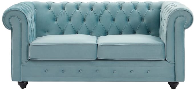 Vente-unique Tweezitsbank van pastelblauw velours CHESTERFIELD