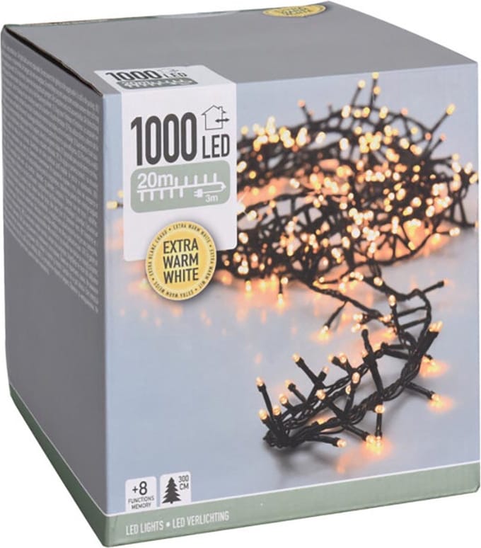 Microcluster Kerstverlichting - 1000 led - 20m - extra warm wit - Timer - Lichtfuncties - Geheugen - Buiten