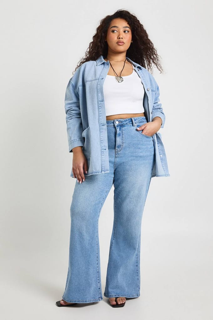 boohoo Dames The Plus Hoge Taille Wijduitlopende Jeans | Medium Blauw | Maat: 26/32L