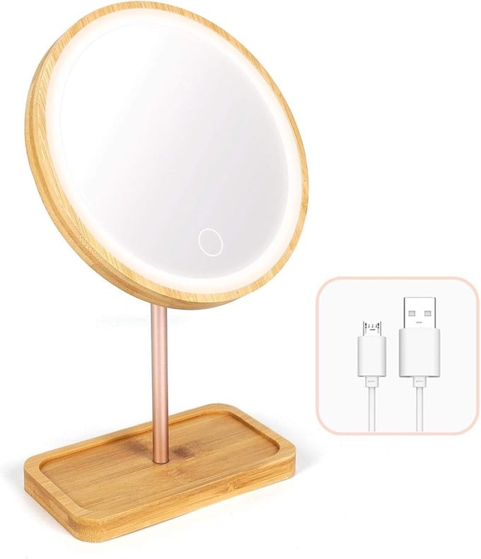 Oplaadbare LED Make-up Spiegel met Bamboe Opbergvak en 3 Lichtstanden