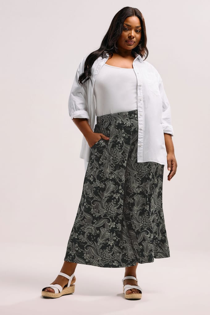 Yours Zwarte Paisley Print Midaxi Culottes Size 50-52