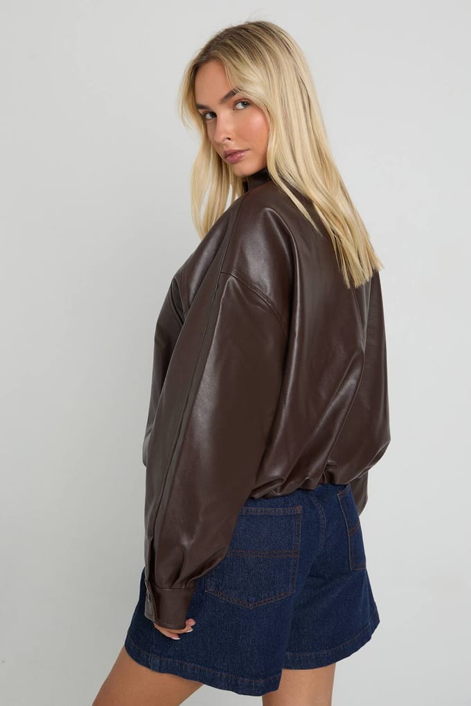 boohoo Dames Bomberjack van nep leer | Chocolate | Maat: 12