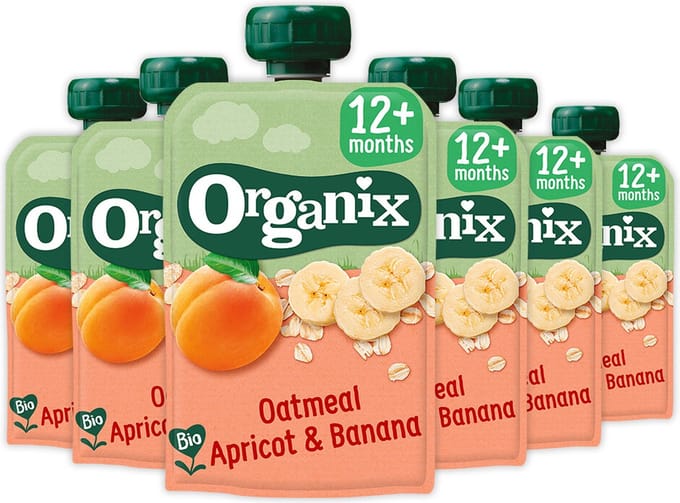 6x Organix Knijpfruit 12+m Havermout Abrikoos & Banaan 100 gr