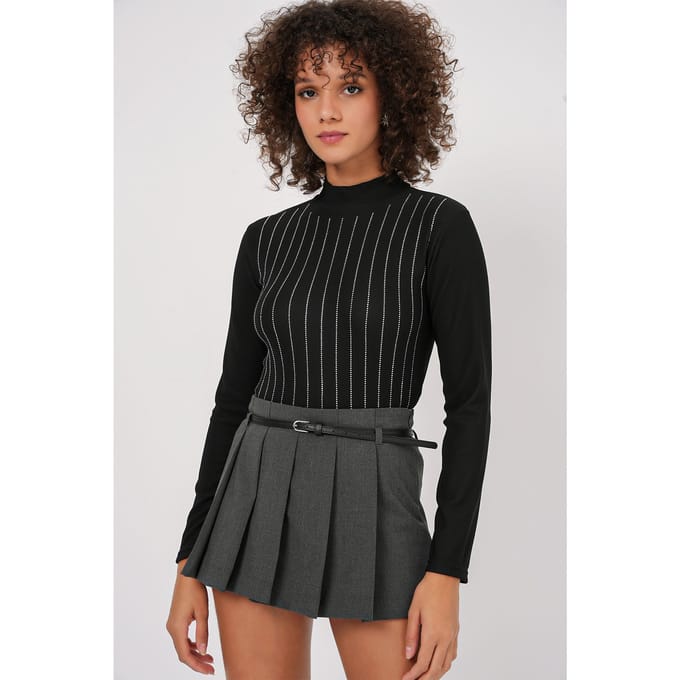 Gestreepte Halve Col Lange Mouw Top met Steenvormige Detail