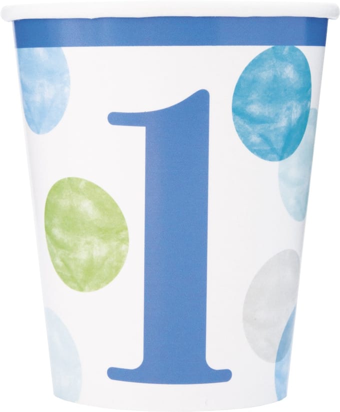 UNIQUE - 8 blauw-witte kartonnen bekers 1e verjaardag 266 ml met pastel stippen