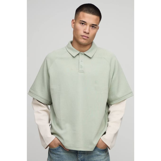 Oversized Premium Interlock Faux Sleeve Polo T-Shirt | Sage | Size Medium