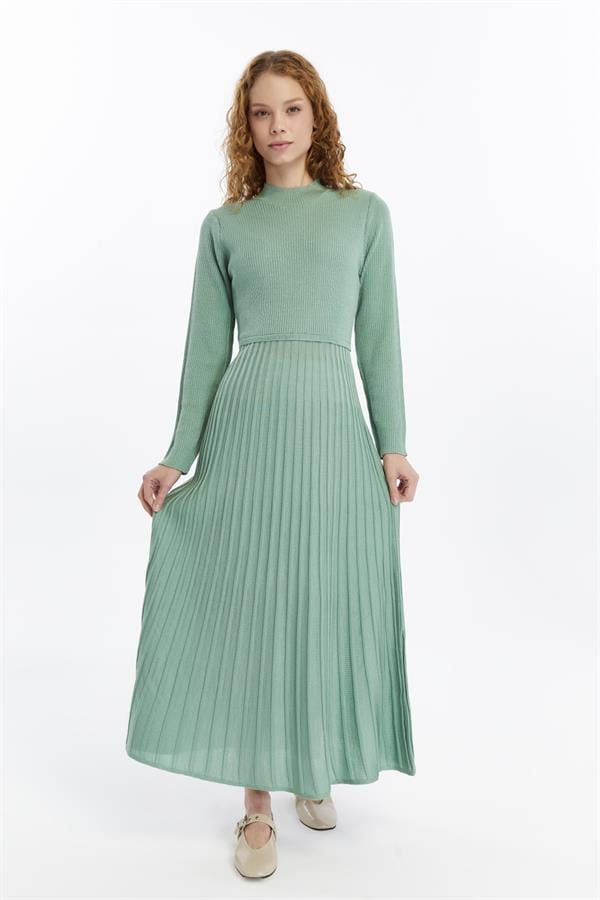 Dames Geplooide Rok, Thin Seasonal Cold Yarn Gebreide kleding Jurk, Almond Groen