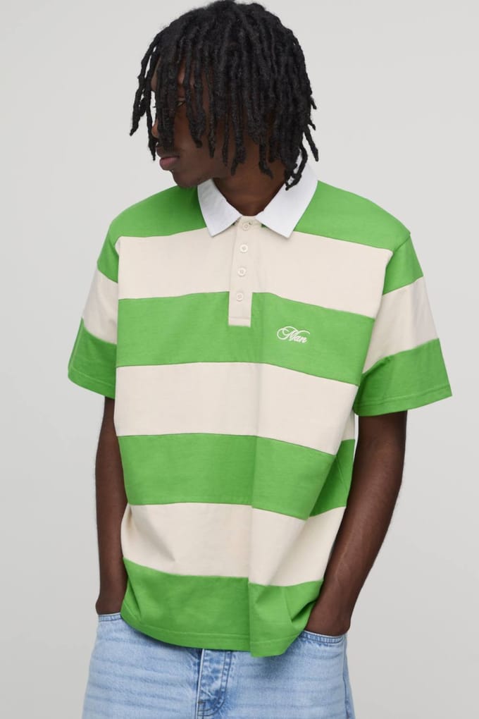 Regular Fit Korte Mouw Geborduurd Gestreept Rugby Polo | Green | Size Medium