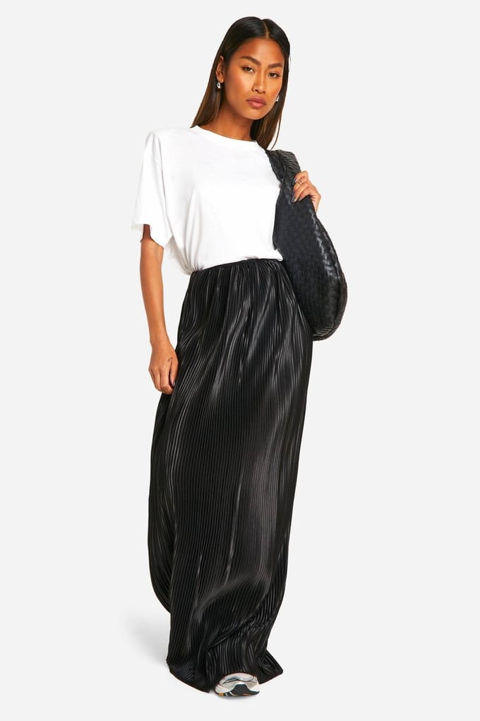 boohoo Dames Premium Satijn Plisse Maxi Rok | Zwart | Maat: 34