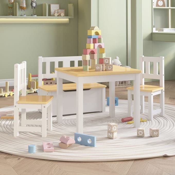vidaXL - 4-delige - Kindertafel- - en - stoelenset - MDF - wit - en - beige
