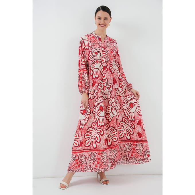 Geprinte V-hals Maxi-jurk met Knoopsluiting